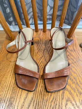 Franco Sarto Brown Leather Square-Toe Ankle-Strap Heels